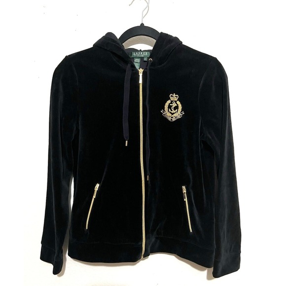 Lauren Ralph Lauren Tops - Vintage Lauren Ralph Lauen Velvet Hoodie Crest Black Jacket P/M cottonblend